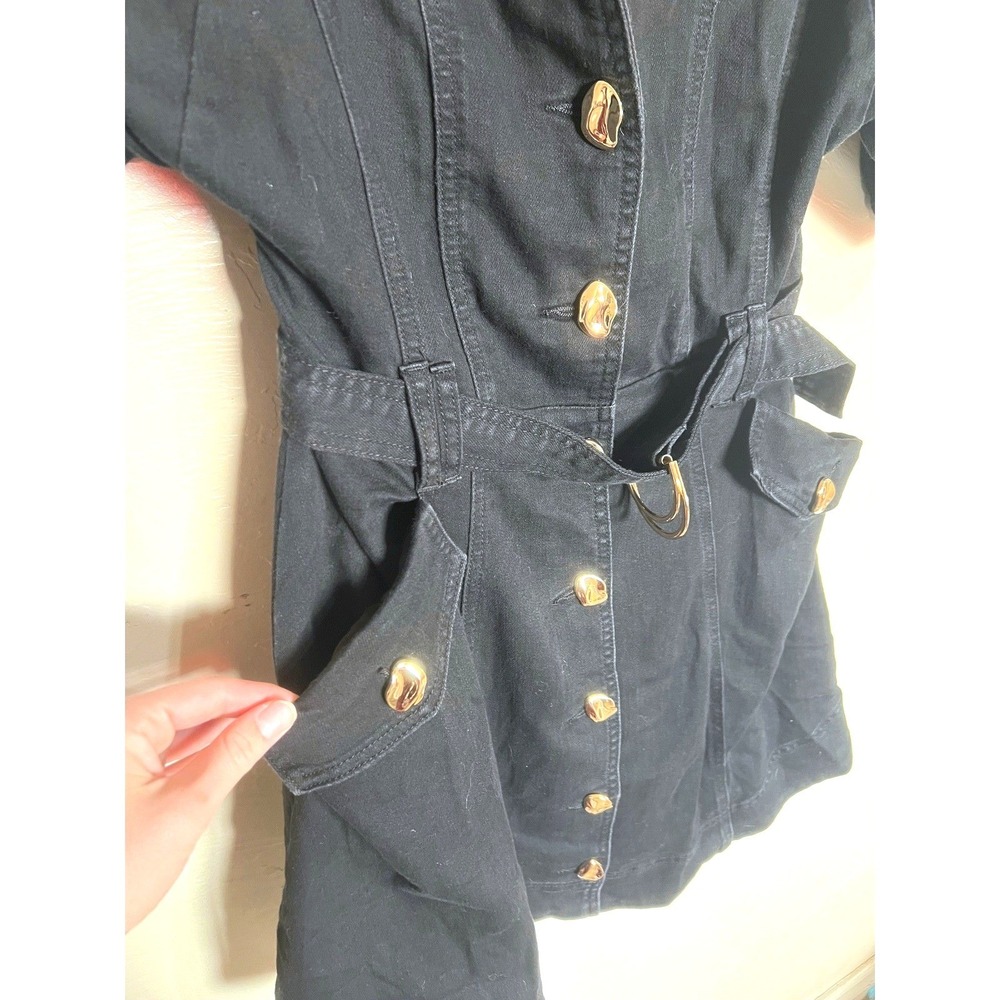 Commense Black Denim Puff Sleeve Belted Mini Dress Gold Dark academia work XS - Picture 3 of 9